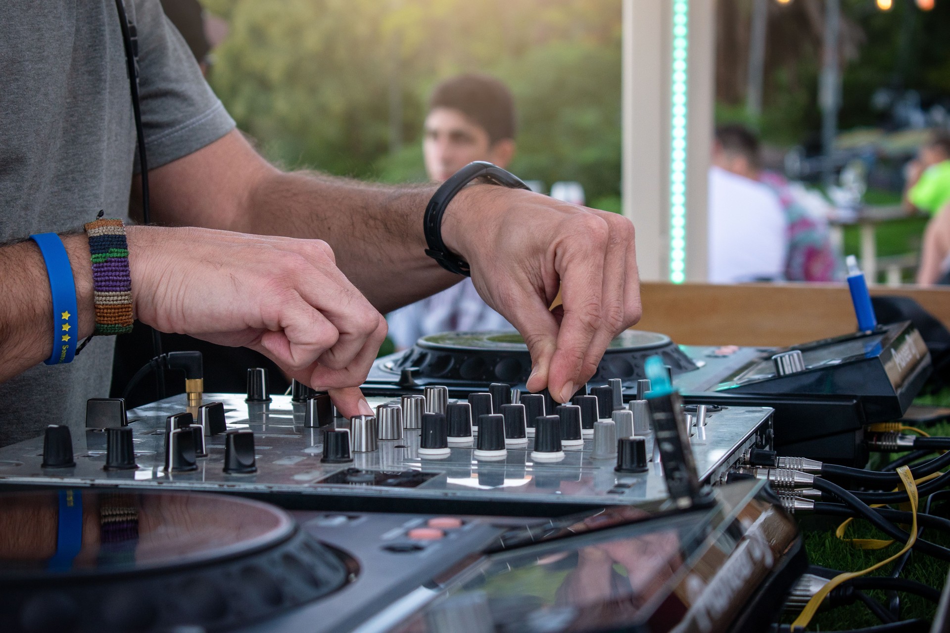 DJ at electronic party. dj music console.